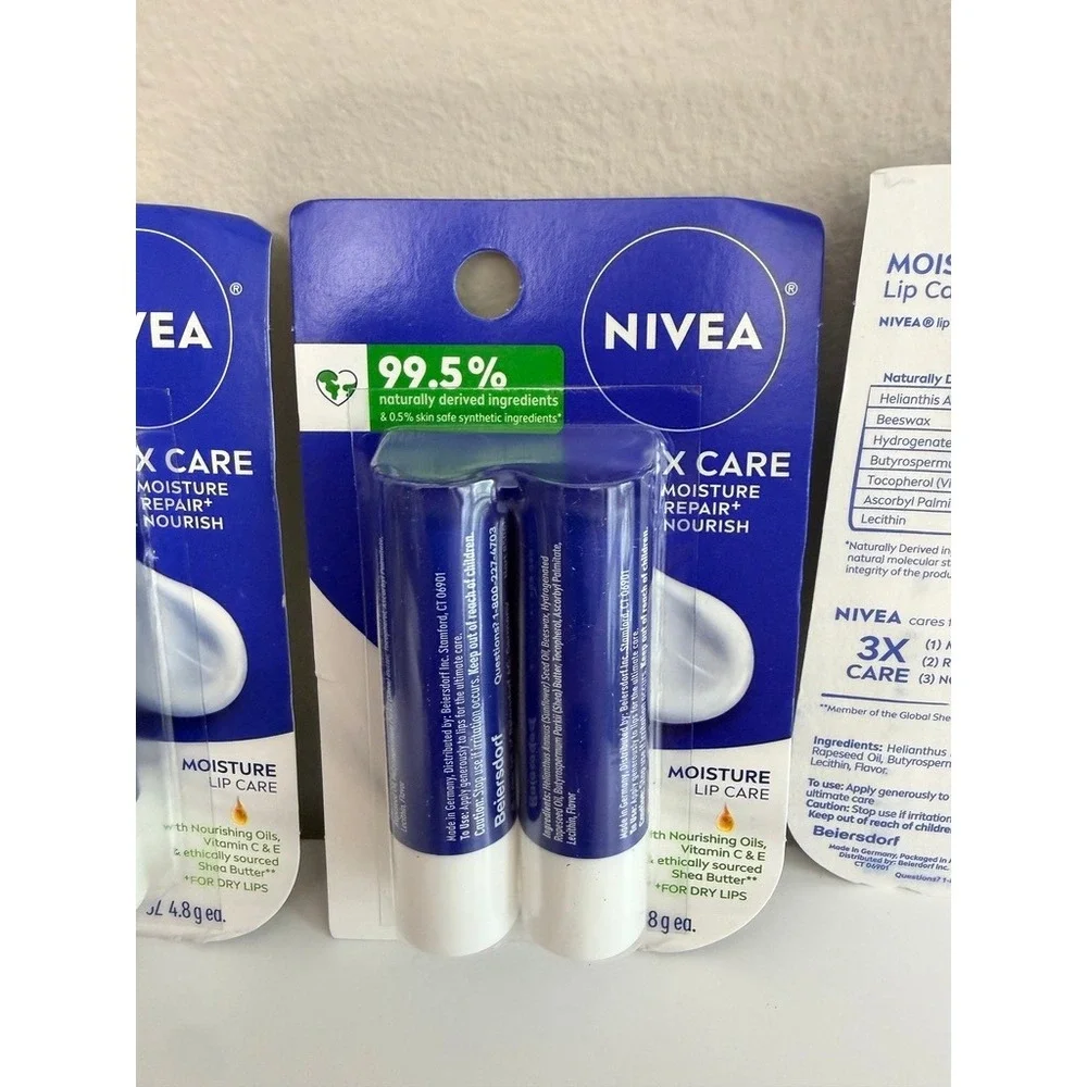 Nivea Moisture Lip Care Unisex 6 Sticks Blue 3X Care Shea Butter Vitamin C E NEW